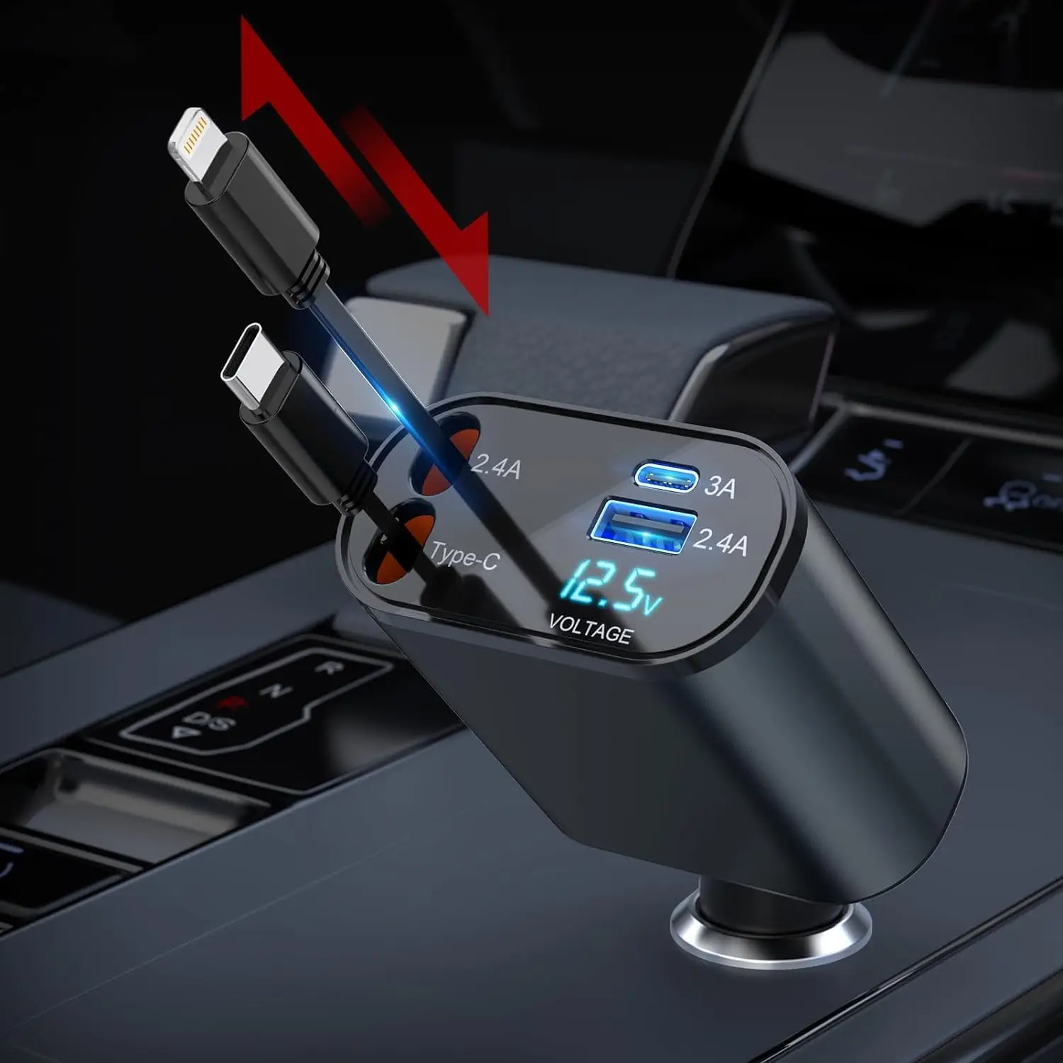 Multi Retractable 100W USB Car Fast Charger,Retractable Cables (2.6FT) Type C 2 Charging Ports for iPhone 15/14/13/12 Samsung