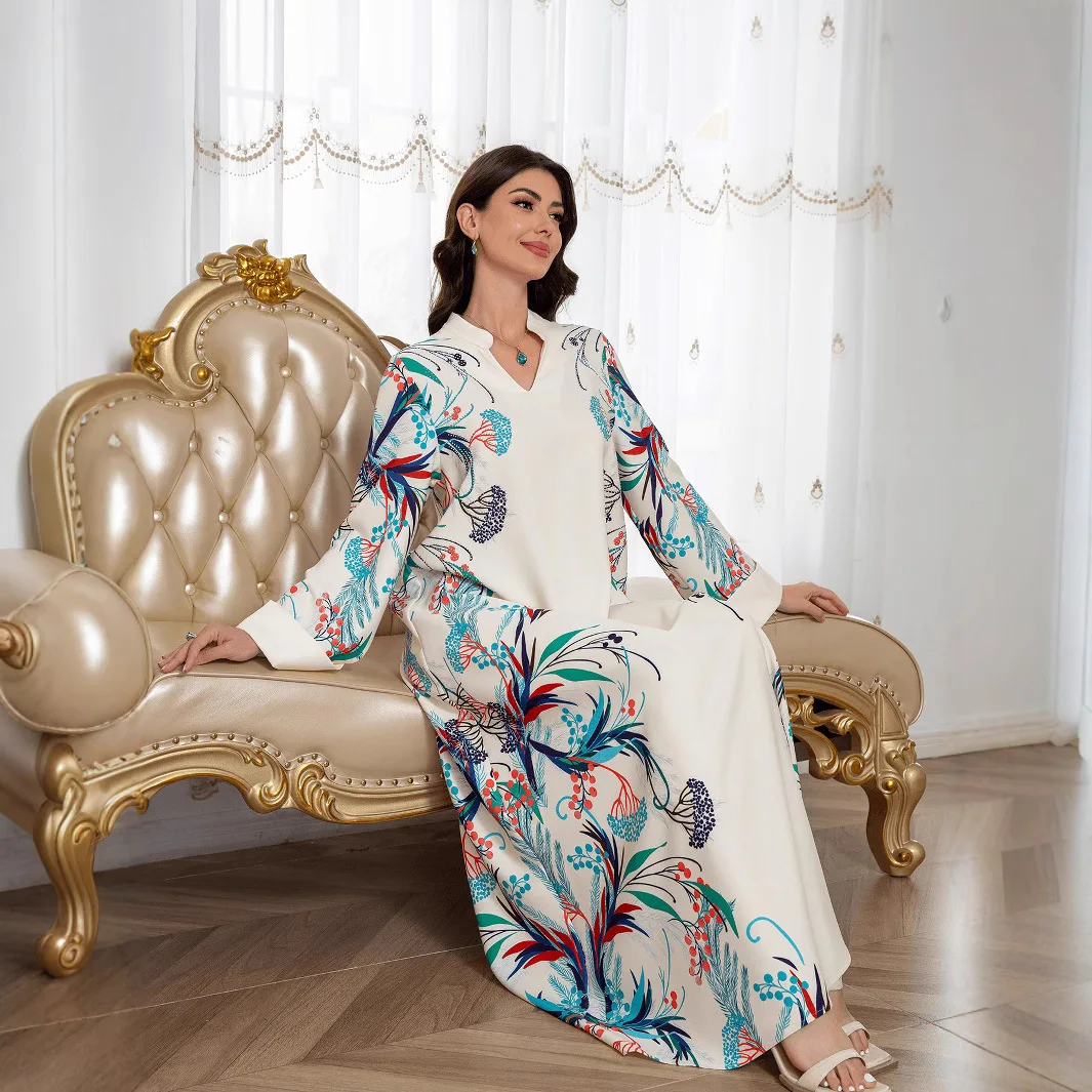 

Elegant Printed Maxi Abaya Long Sleeve Summer Modest Abaya Middle East Islamic Fashion Abaya Boho Floral Casual Abayas