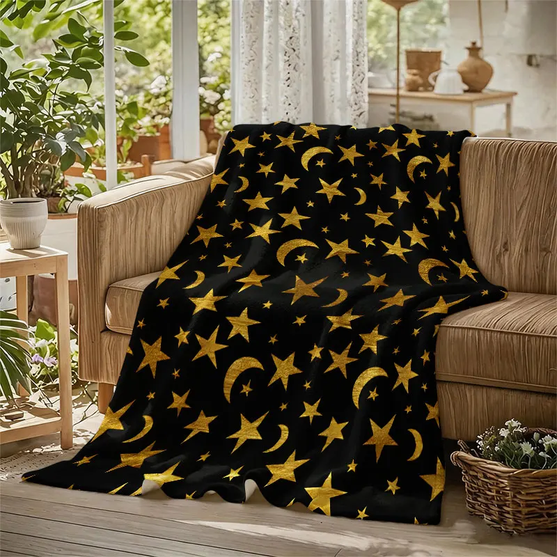 Golden Star Moon Print Flannel Blanket Warm Soft Halloween Christmas Decorative Couch Warm Cozy All-Season Gift