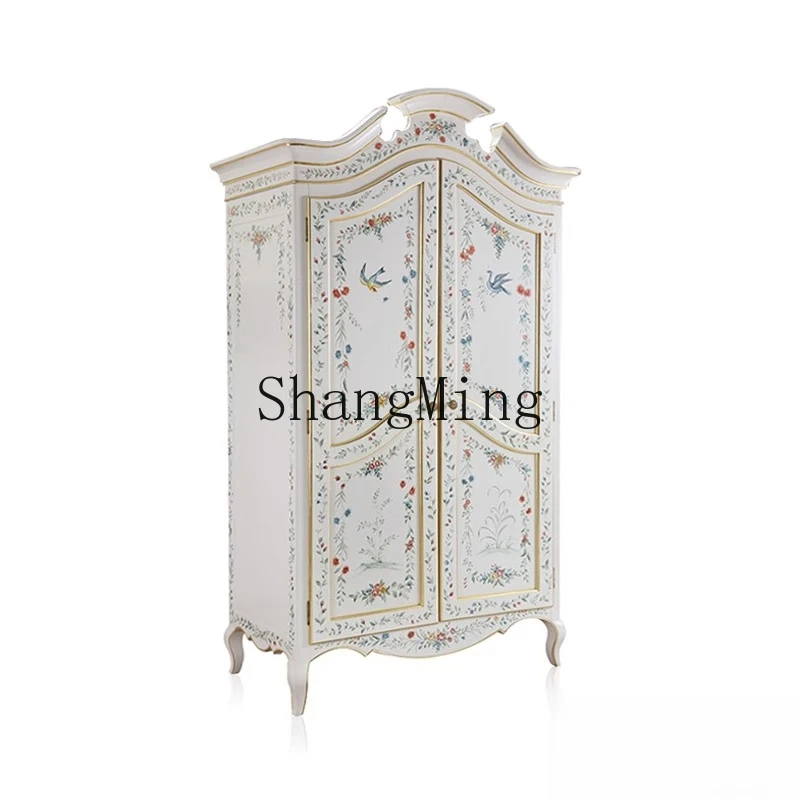 CL  premium painted flower drawing gold foil double door wardrobehome bedroom solid wood assembly cabinet hand