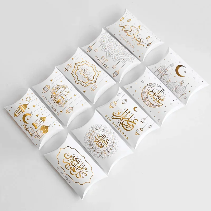 Boîte à bonbons en forme d'oreiller Eid Mubarak, emballage cadeau en papier kraft, décoration du Ramadan Kareem, fournitures de fête musulmane, 2025, 10 pièces, 20 pièces