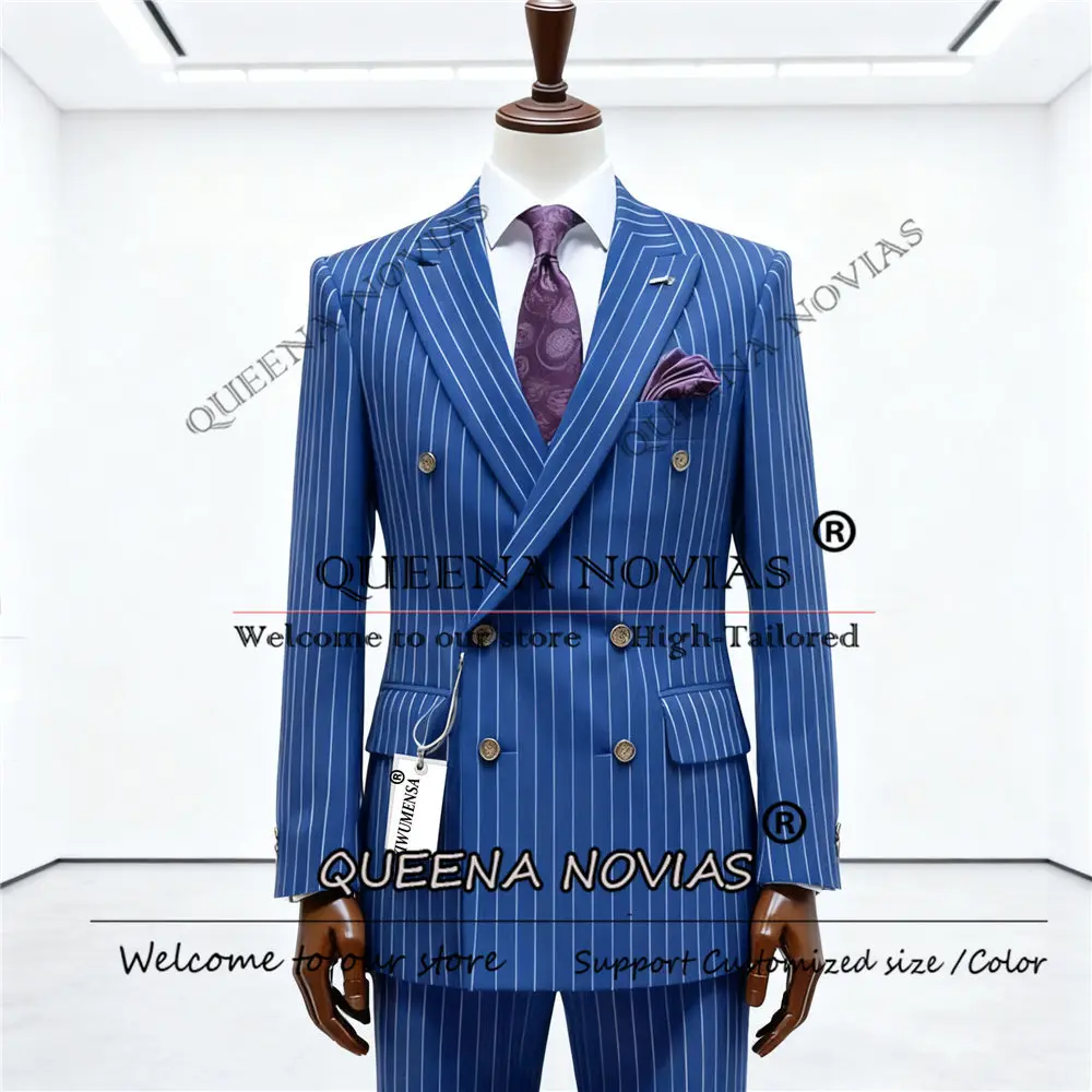 クラシックな縦縞柄の新郎用ウェディングスーツ、2ピースセット、ダブルブレストジャケットとパンツ、カスタムメイドの男性用エレガントなスーツ