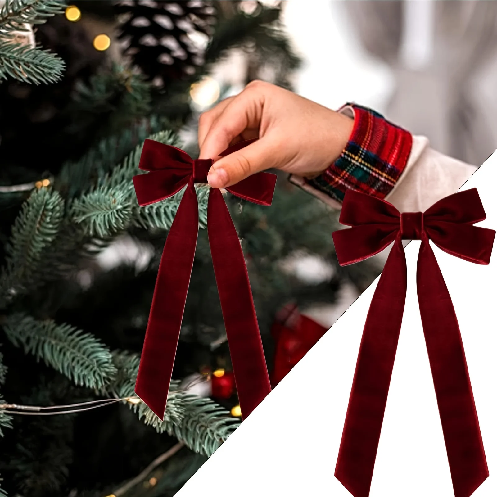 10 Red Velvet Christmas Tree Bows - Festive Gift Bows for Christmas Wreaths, Decorations and Folk Crafts, Feather-Free, Glossy S