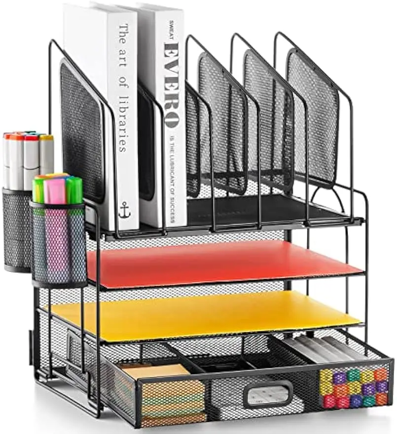 

4-Tier Mesh Desk Organizer with Drawer, 5 File Holders & Pen Holders for Home Office Storage