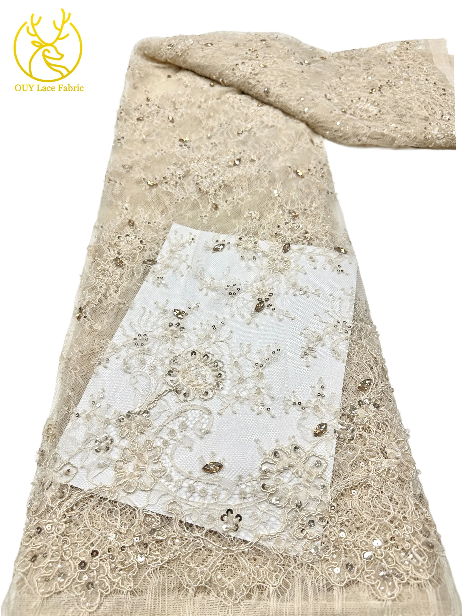 Nigerianischer Hochzeits-Tüll-Spitzenstoff 3 Meter Afrikanische Perlen-Pailletten-Spitze Französische Netz-Stickerei Hochzeitskleid-Nähstoff – Detail 8