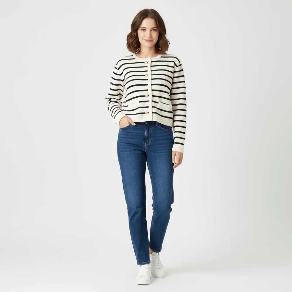 سترة صوفية مخططة بأكمام طويلة، سترة قميص واحدة الصدر، رقبة مستديرة، مخططة، تريكو، زر أمامي على طراز Preppy