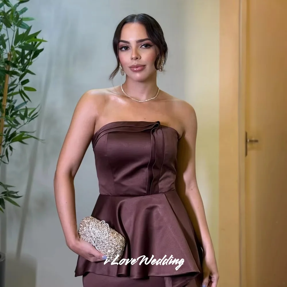 Brown Strapless Evening Dress 2025 Satin Sleeveless A-Line Backless Floor-Length Prom Dress Pleat Wedding Party Dress Customized