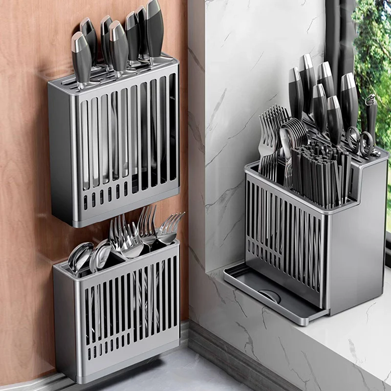 1pc Stainless Steel Knife Holder Kitchen Rack Home Countertop Cutting Board Rack Cutting Board Knife Integrated Storage Rack
