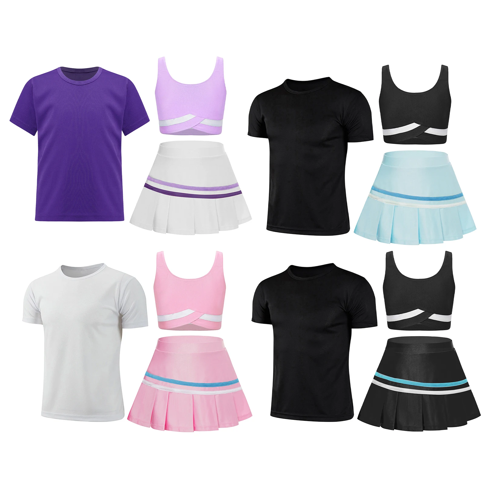 Kids Girls Sports Set Sleeveless Sports Vest Crop Tops+Pleated Skirt+Long Sleeve T-shirt Outfit for Tennis Golf Yoga Workout