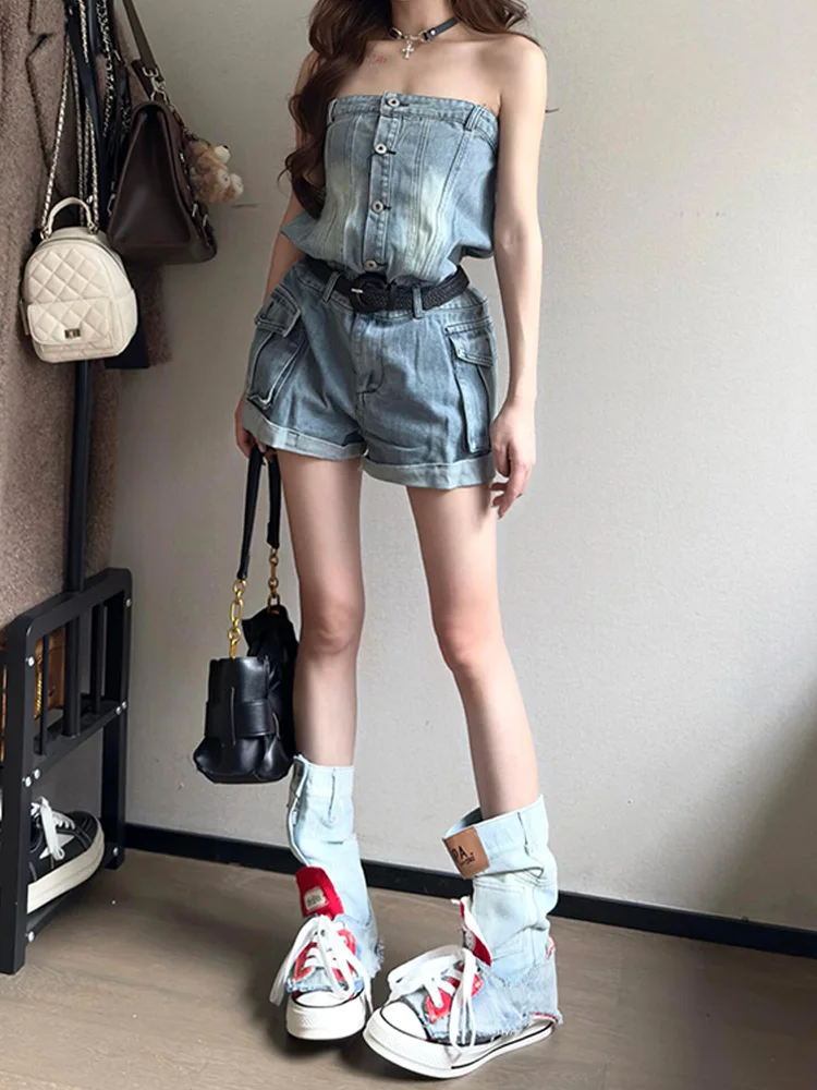 American Style Hot Girl Design Cuffed Jumpsuit Jeans Women Summer New High Street Loose BF Lazy Style Shorts Low Waist
