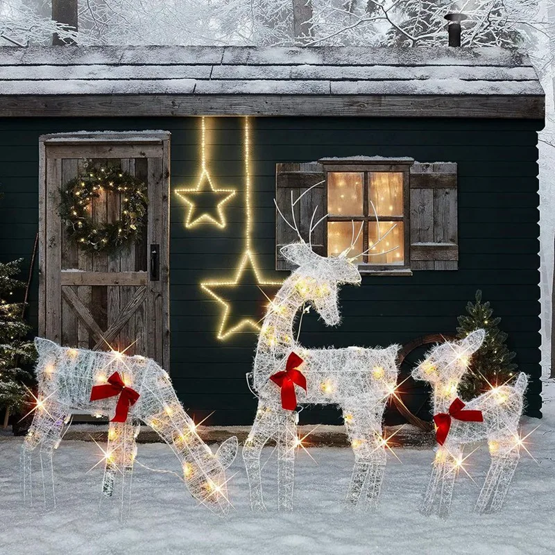 3 Piece Lighted Christmas 2D Reindeers Outdoor Decorations Metal Pre-Lit Light Up Xmas Rudolph & Santa Sleigh With Lights