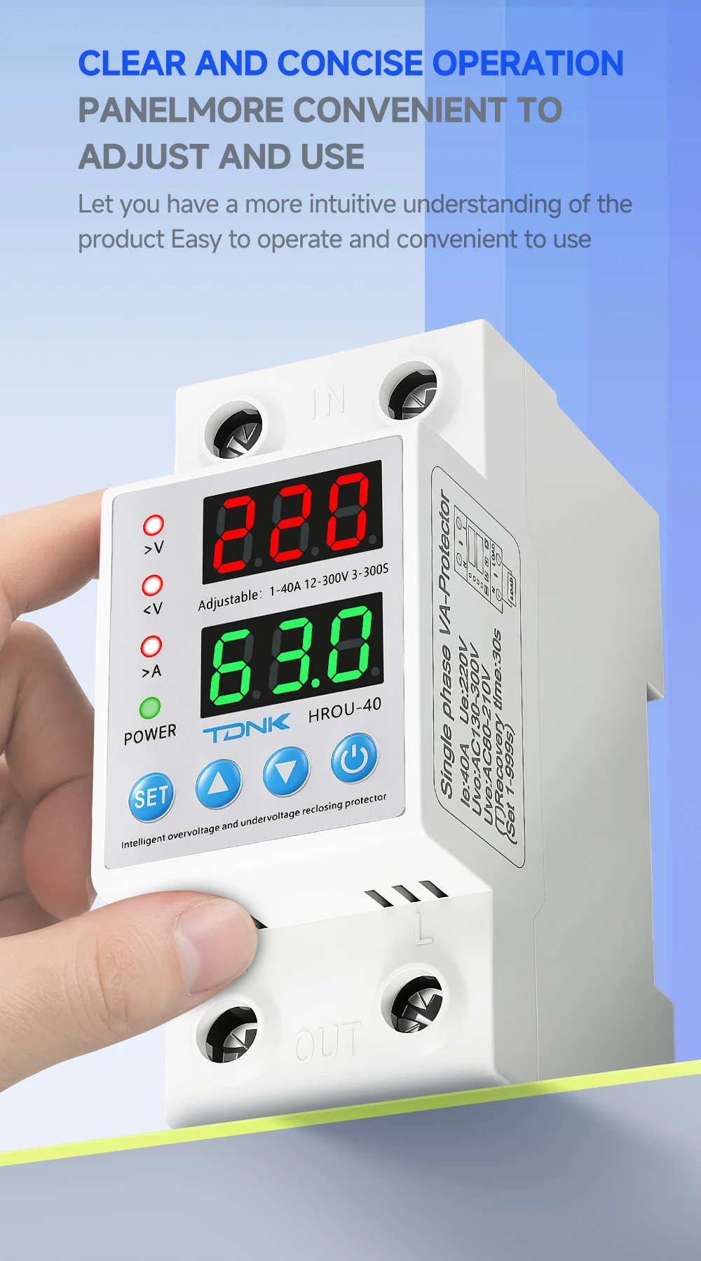 TDNK 40A 63A 110/220V Einstellbarer Über- und Unterspannungsschutz DIN-Schiene mit Digitalanzeige Spannungs- und Stromschutzrelais – Detail 5
