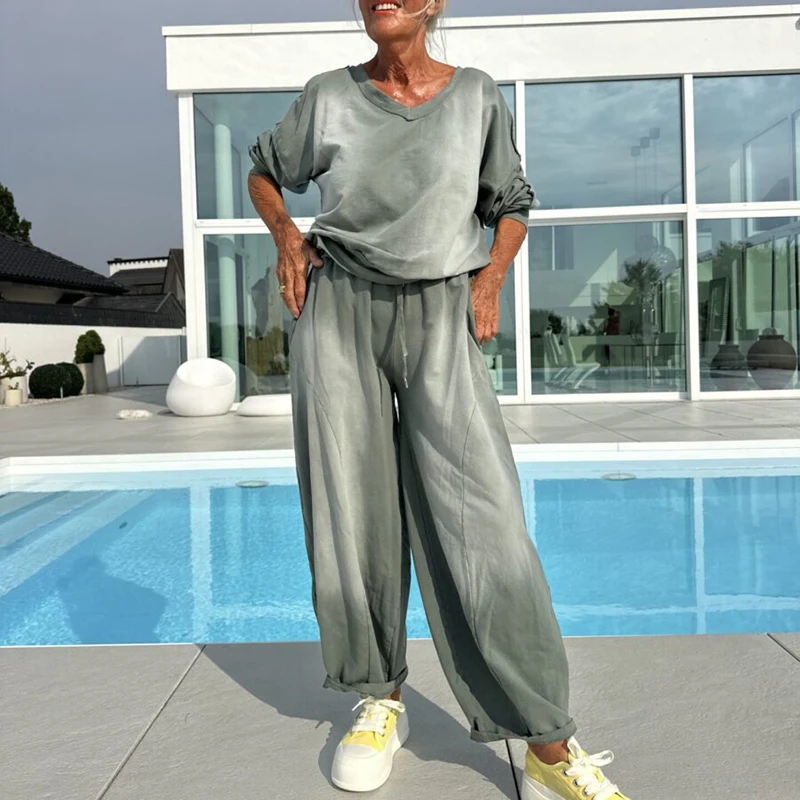 High Street Vacation Fashion Outfits Gradient Color Loose Sports Two Piece Casual O Neck Long Sleeved Top and Pants Women's Set