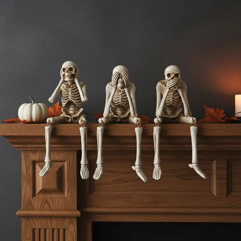 3 Pcs Resin See Hear Speak No Skeleton Figurines With Dangling Legs For Halloween Decor