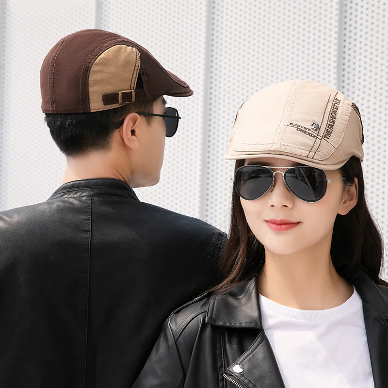 Letter Ivy Cap Men Mini Metal Skull Decor Adjustable Buckle Flat Newsboy Hat Casual Sun Hat for Driving Fishing Daily Streetwear