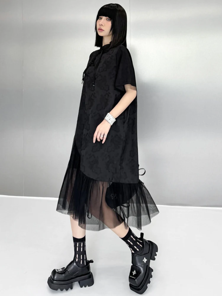 [EAM] Women Black Mesh Hem Big Size Vintage Dress New Stand Collar Sleeve Fashion Tide Spring Summer 2024 1DH6494 1DH6494