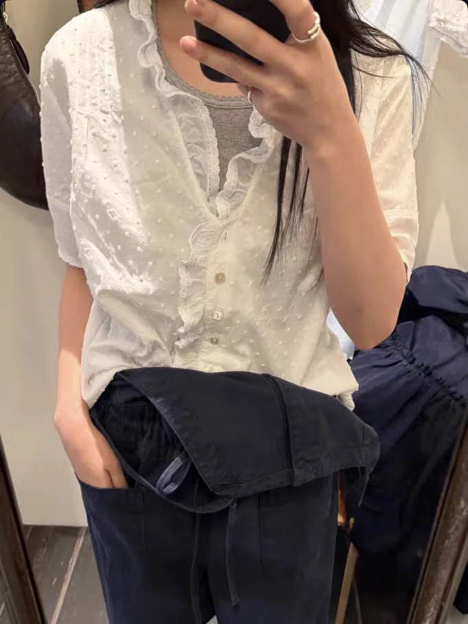 

Sweet Polka Dot Ruffle Sleeve Short Sleeve Shirt Dress Summer 2026 New Arrival Women's Loose Fit Cotton V-neck Button Closure