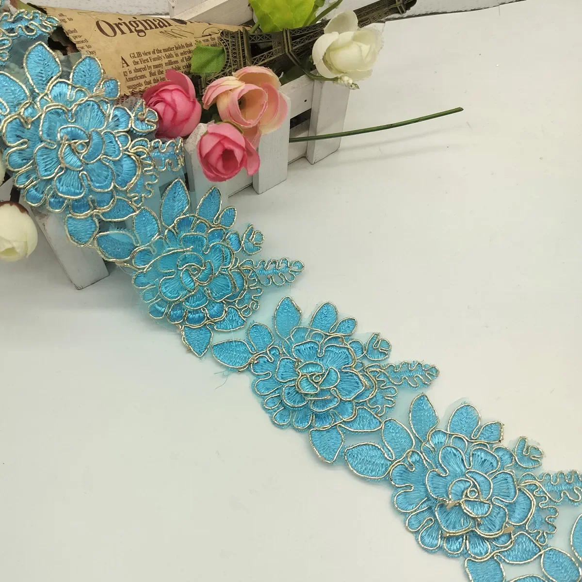 3D 자수 꽃 레이스, 더블 레이어, 모티브 플라워, DIY 레이스 트림, 바느질 브레이드 리본, 6.5cm