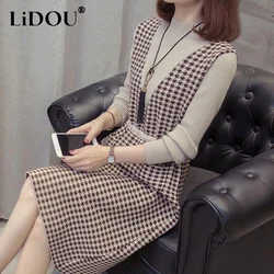 Autumn Winter Half High Fake Two Pieces Knitting Midi Dress Female Slim Houndstooth Patchwork Elegant Fashion Robe Women Vestido