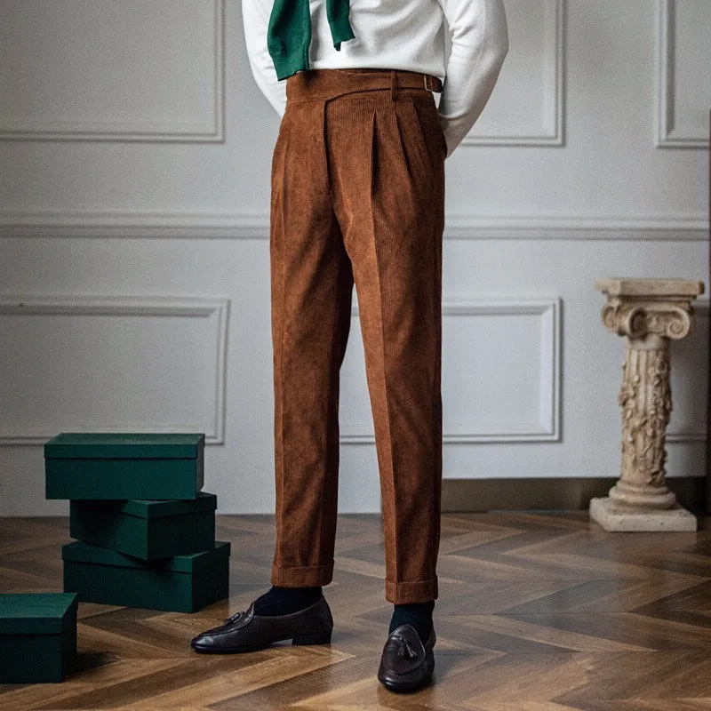 KIDWHXR Man Suit Pants Autumn Winter Simple Solid Pleated Men Straight-leg Pants Retro Mid Waist Business Casual Male Trousers