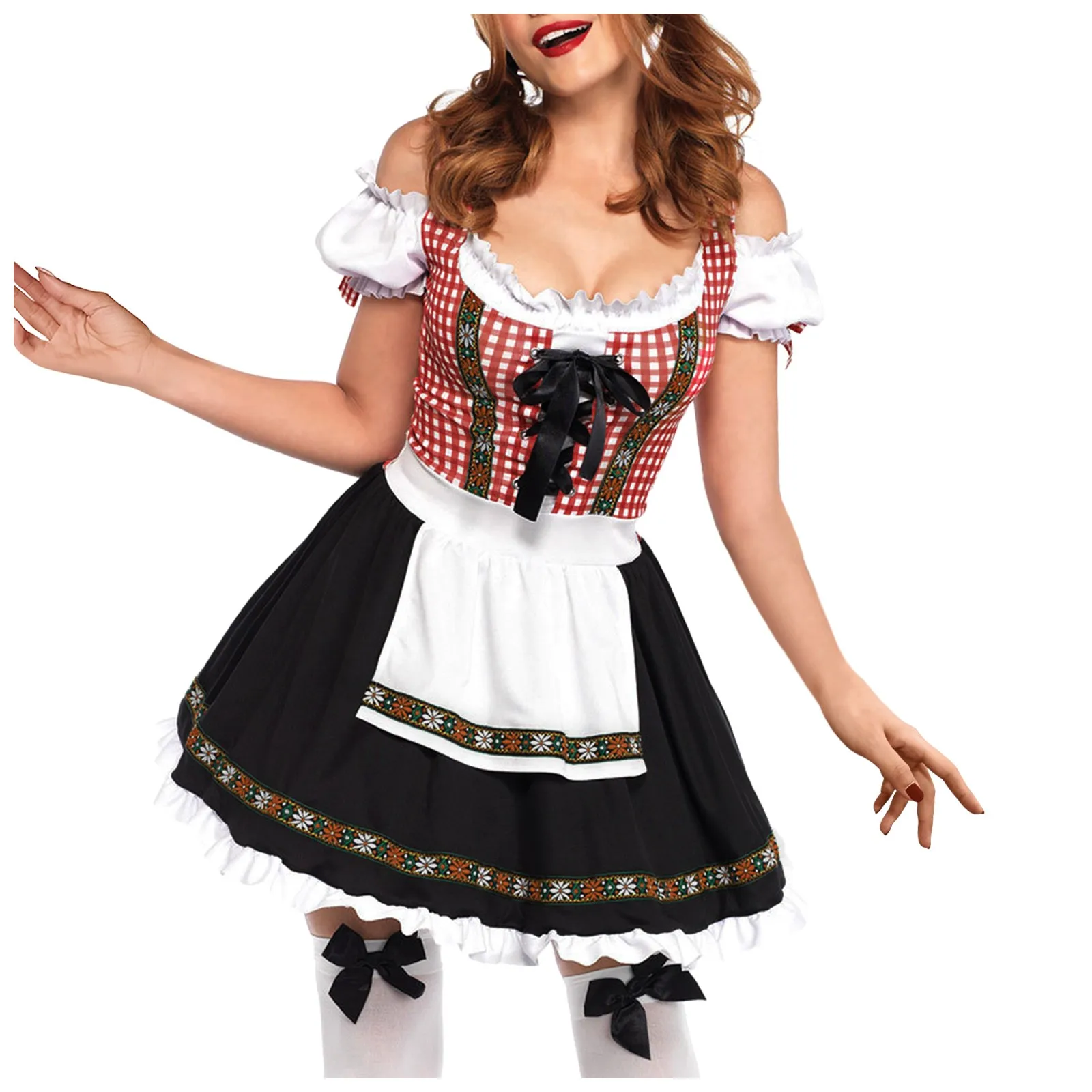 Women's Bavaria Oktoberfest Costume Maid 2024 Ladies Dresses Lace Neck Apron Dirndl Dress Traditional Vintage Fancy Party Dress