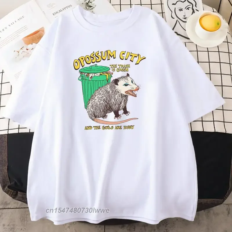 The Trash Is Green Opossum City Print Womens T Shirt Hip Hop Loose Tshirt Street 100% Cotton Tees Shirts Quality Tshirt Women