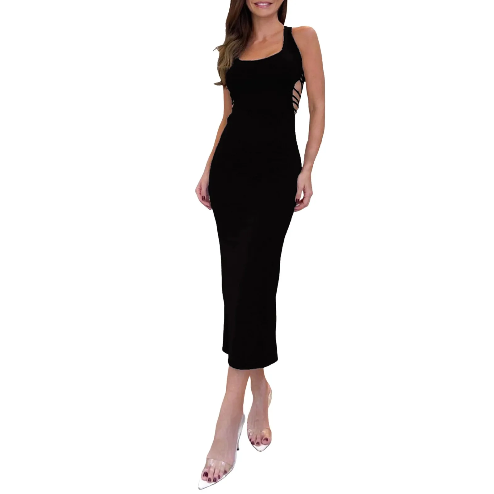 Vestidos de fiesta para mujer, Color sólido, correa cruzada, Espalda descubierta, Bodycon para mujer, envoltura de cadera, negro, 2024