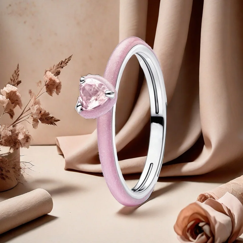 

Charming Jewelry European Jewelry 925 Sterling Silver Ring Pink Enamel Heart Ring for Women's Wedding, Party, Anniversary