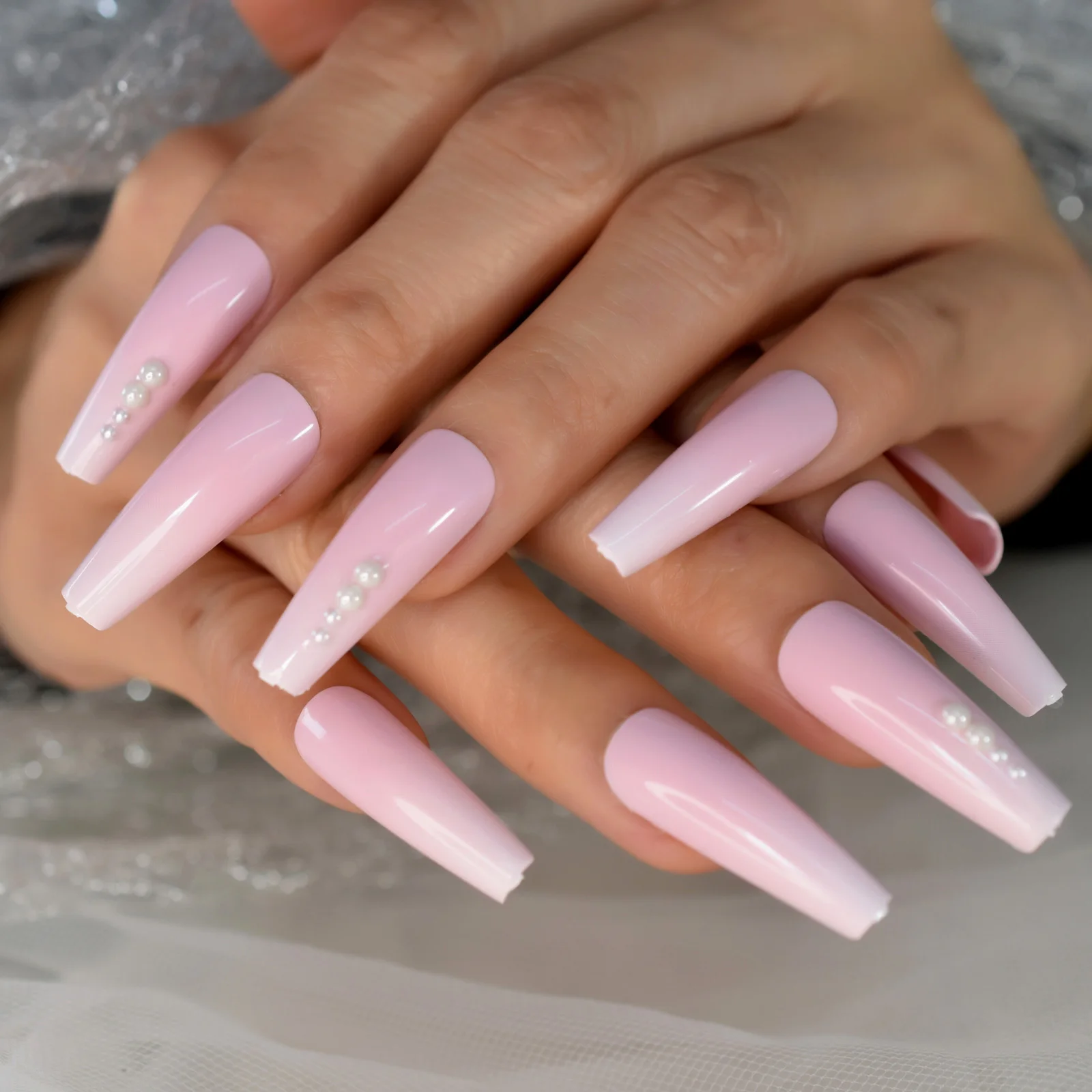 Pearl Pink Fading Nails Coffin Medium Size Wholesale Fake Nails Coffin Shape Manicura Stick On Nails With Tabs 24pcs Set