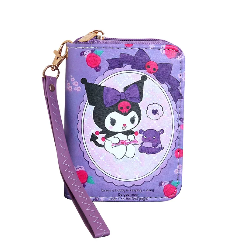 Kawaii Sanrio Kuromi Women Cute Small Short Wallets Wrist Strap Coin Purse Leather Multi Card Holder Zipper Money Clip Bag