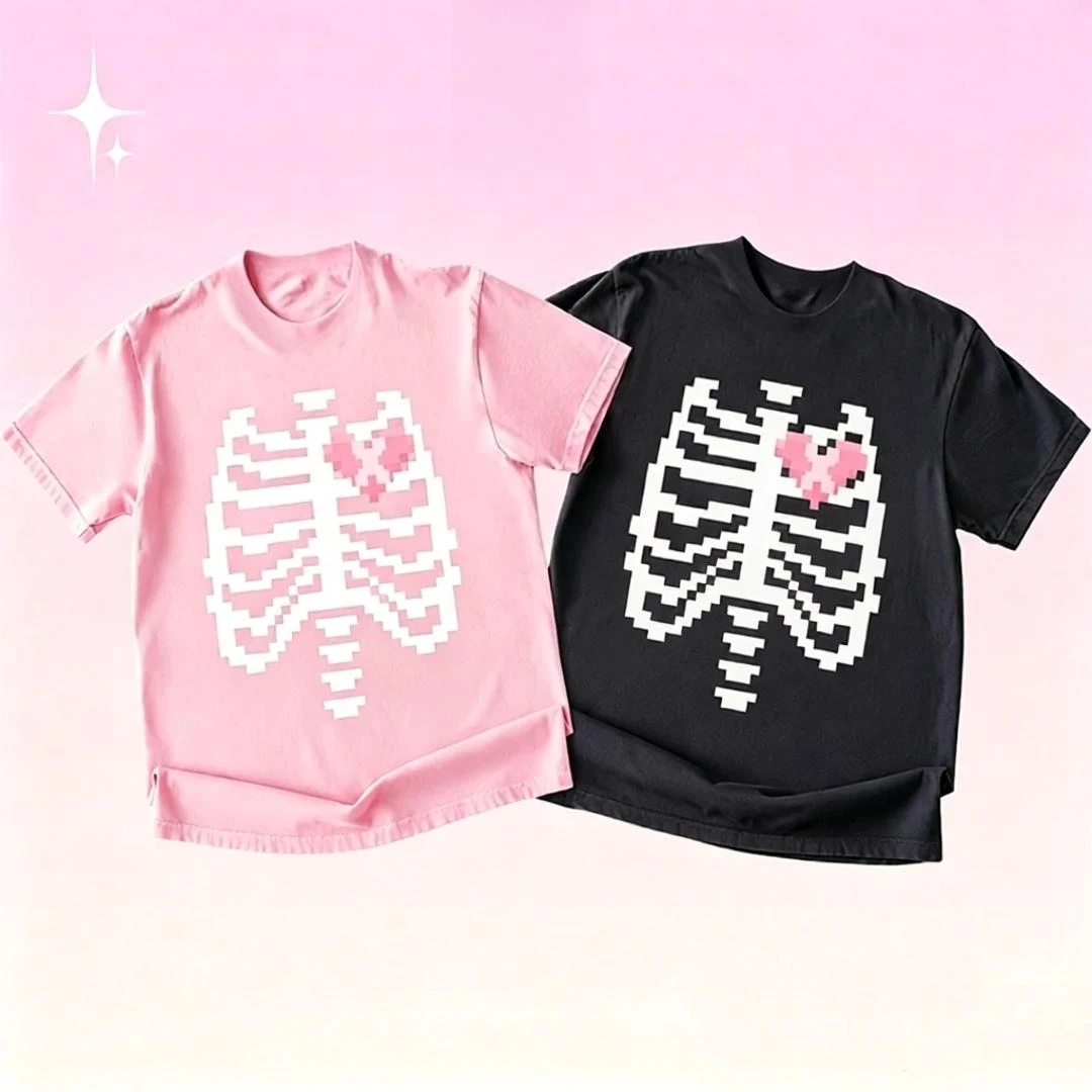 Rosa Rippen-Skelett-Fledermaus-Print Damen Oversized T-Shirt Halloween Pastell Goth Stil Kleidung Kawaii Streetwear Top Damen Herren T-Shirt – Detail 4