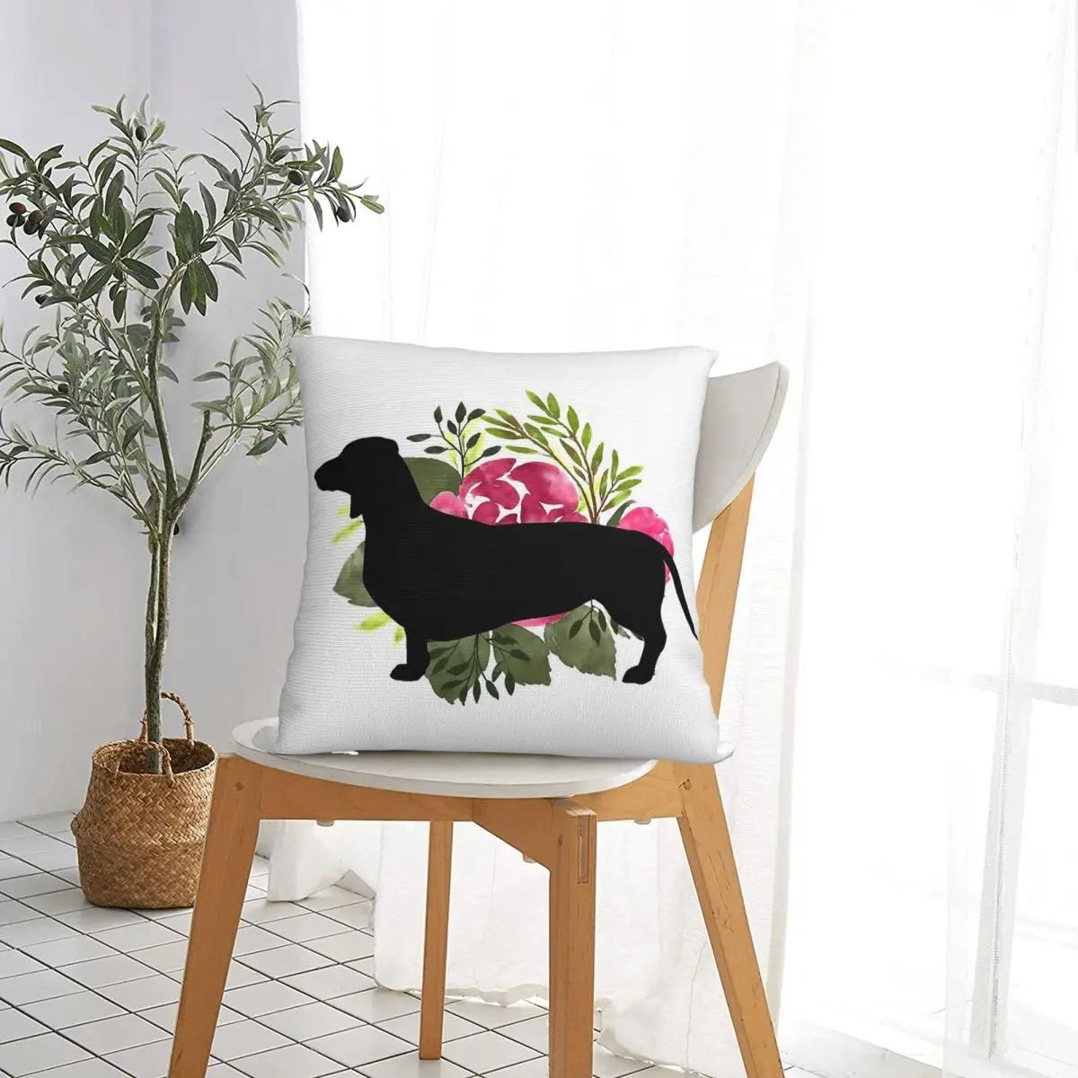 Dachshund Silhouette With Flower Square Pillow Case Sausage Dog Lover Cushion Cover Decor Pillowcover for Living Room 45*45cm