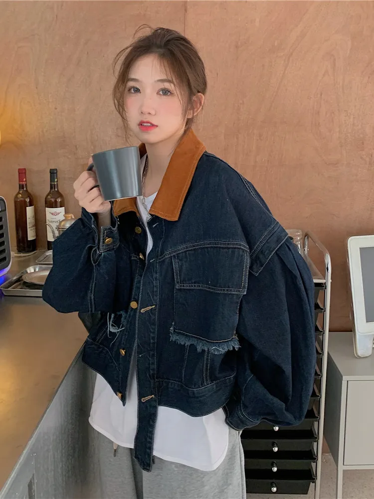 Retro Style Women's Denim Jacket Short Loose Fit Autumn Winter Coat with Corduroy Collar Versatile plus Size  Neck Button up