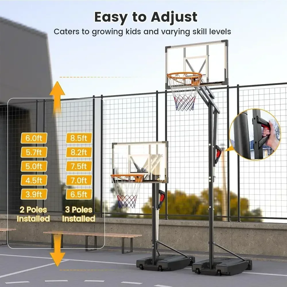 Portable Outdoor Basketball Hoop with Adjustable Height, HDPE Backboard, Wheels for Kids, Teens, and Adults