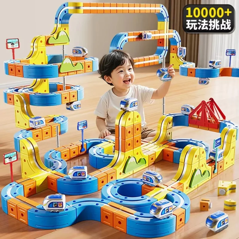 Magnetyczny zestaw kolejowy z transformowanymi, uniwersalnymi torami budowlanymi, magnetyczne zabawki kolejowe DIY, pociąg bez zdalnego sterowania, prezent dla dzieci.