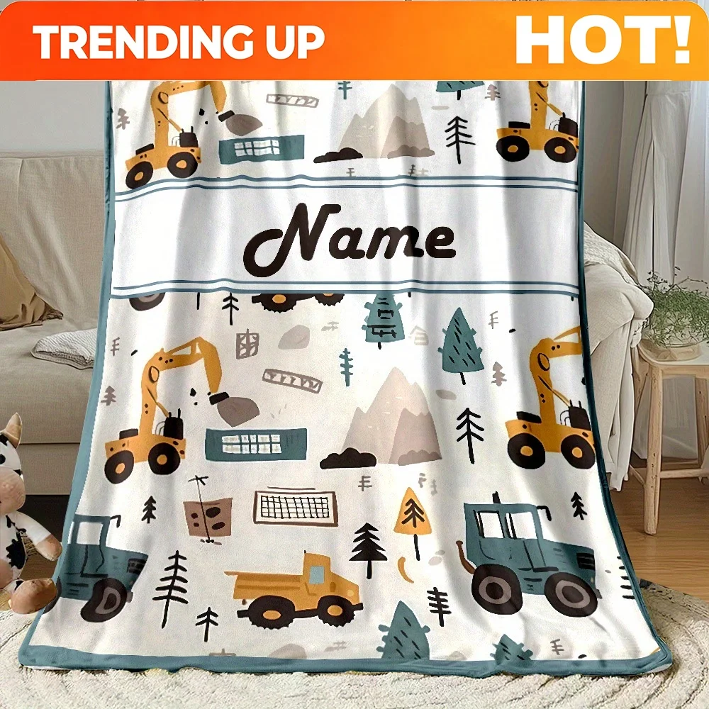 Customize 1pc Personalized Flannel Blanket, Excavator Bulldozer Dump Truck Print, Suitable for Camping, Bed, Sofa, Travel Blanke
