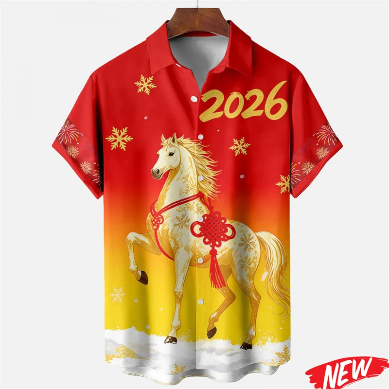 

Year Of Horse Hawaiian Shirt Men 3d Printed 2026 Chinese New Year Party Short-Sleeved Shirts Fashion Street Loose Lapel Shirt