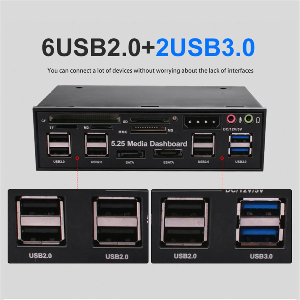 Painel de mídia Supernew de 5,25 polegadas com leitor de vários cartões USB 2.0/3.0 E-SATA SATA para desktops