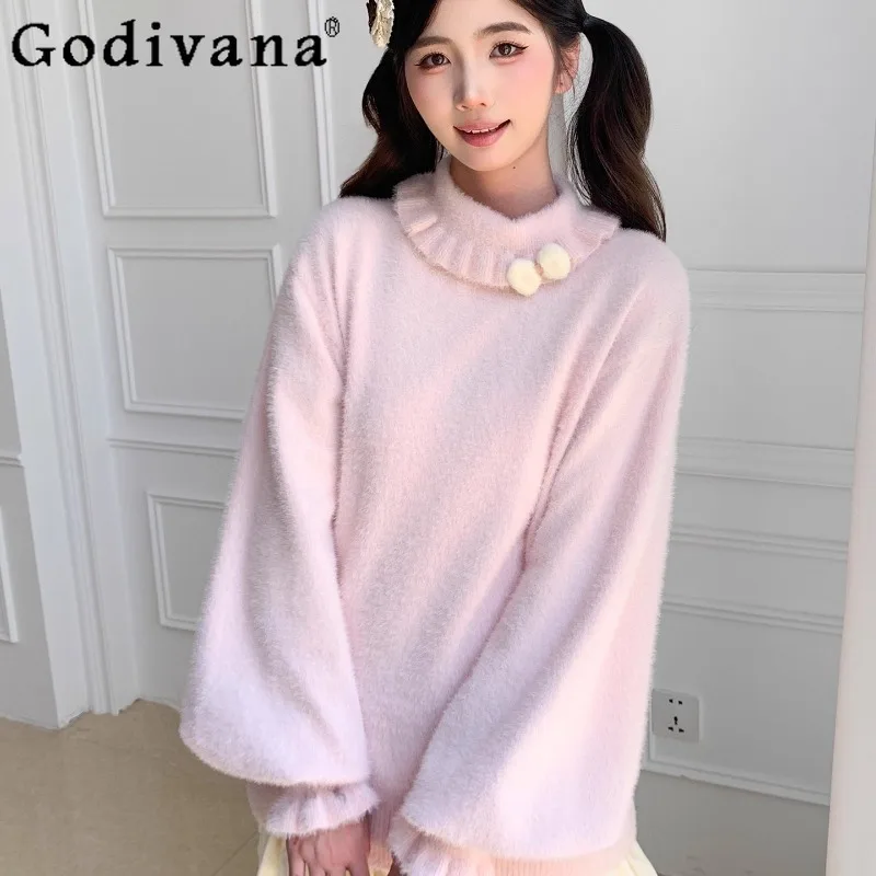 

Lolita Inner Wear Cute Long Sleeve Knitted Sweater Female Doll Collar Wool Base Sweater Women Autumn Winter Puff Sleeve Pullover