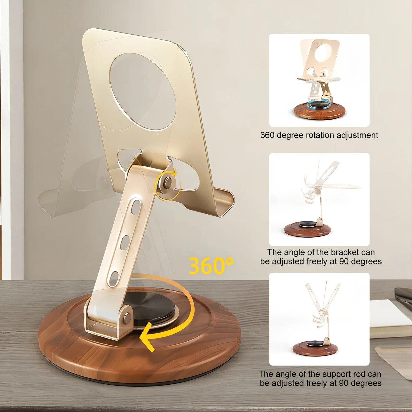 

Universal Phone Tablet Stand Holder 360 Degree Rotation Adjustable Angle Desktop Metal Wooden Base For Office Home Desk Rack