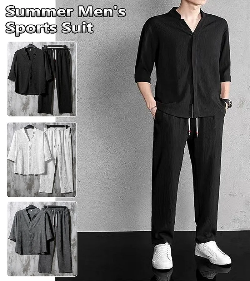 Men Outfit Set Ultrathin Ice Summer Breathable Shirts Long Pant Suits Solid Color Casual Loose Cotton Linen Two Piece Set