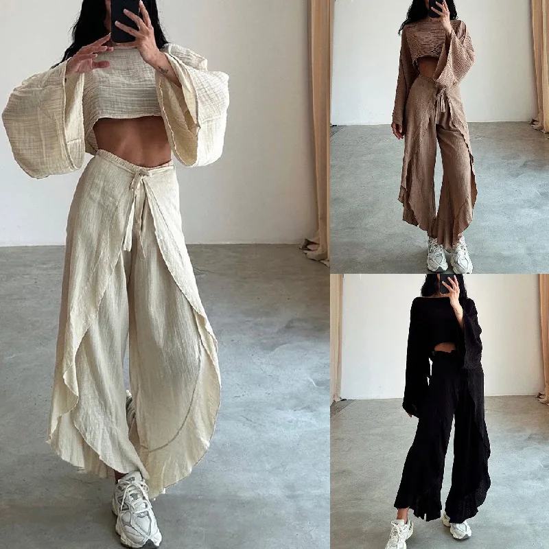 2pcs Spring Casual Solid Suit for Women Summer O Neck Crop Top+Lace-up Ruffle Pants Outfit Sets Fashion Flare Sleeve Hollow Suit