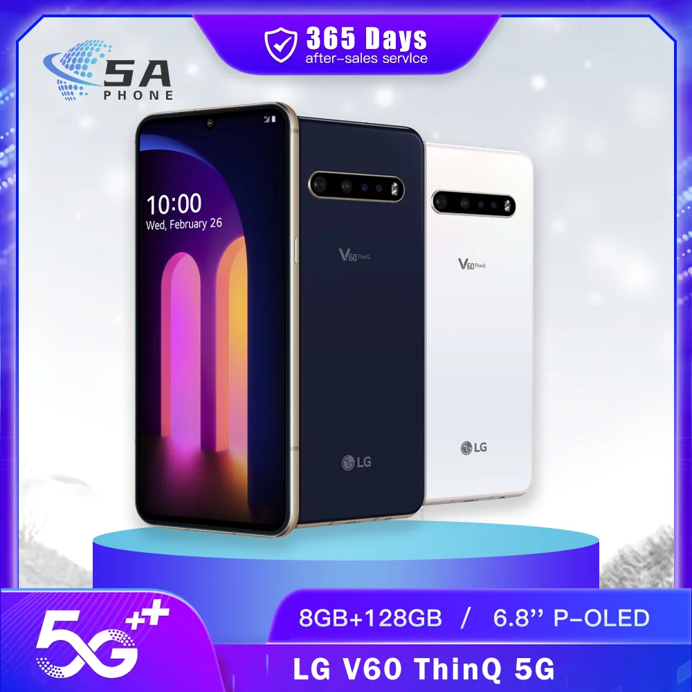 Original LG V60 ThinQ SmartPhone V600VM V600AM V600TM 8GB+128GB/256GB NFC 64MP+13MP+10MP Snapdragon 865 Octa-Core CellPhone