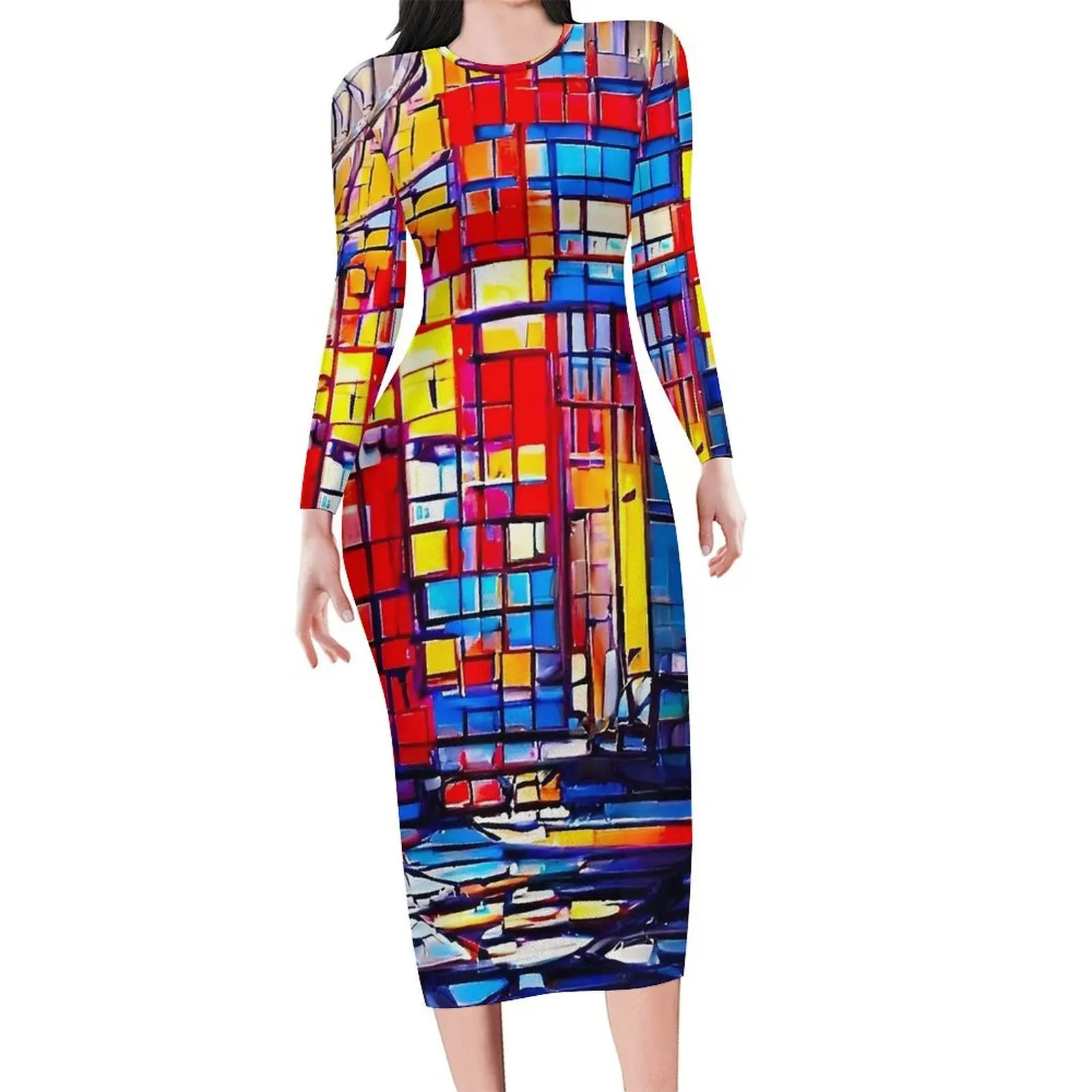 Mondrian Impressionism Dress Women  Streetwear Bodycon Dress Autumn Long Sleeve Cute Dresses Design Oversized Vestidos