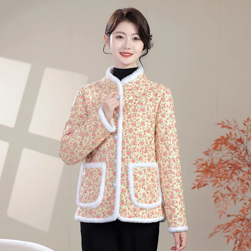 

Утепленная хлопковая куртка с цветочным принтом и флисовой подкладкой для женщин среднего и старшего возраста, зимняя модная верхняя одежда из полиэстера