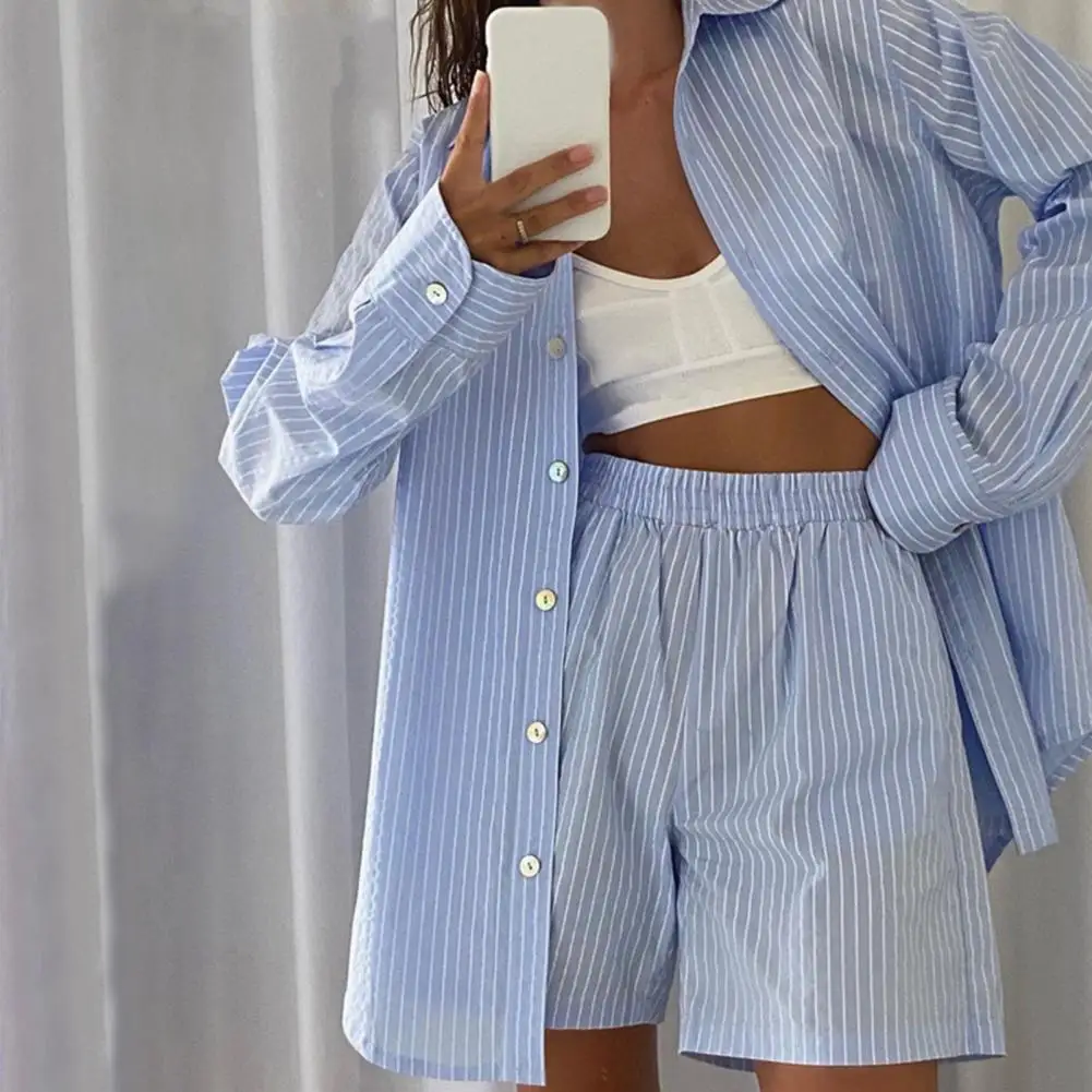 Wear Tracksuit Women Shorts Set Stripe Long Sleeve Shirt Tops And Waist Loose High Mini Shorts Two Piece Sets