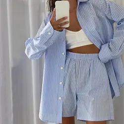 Wear Tracksuit Women Shorts Set Stripe Long Sleeve Shirt Tops And Waist Loose High Mini Shorts Two Piece Sets