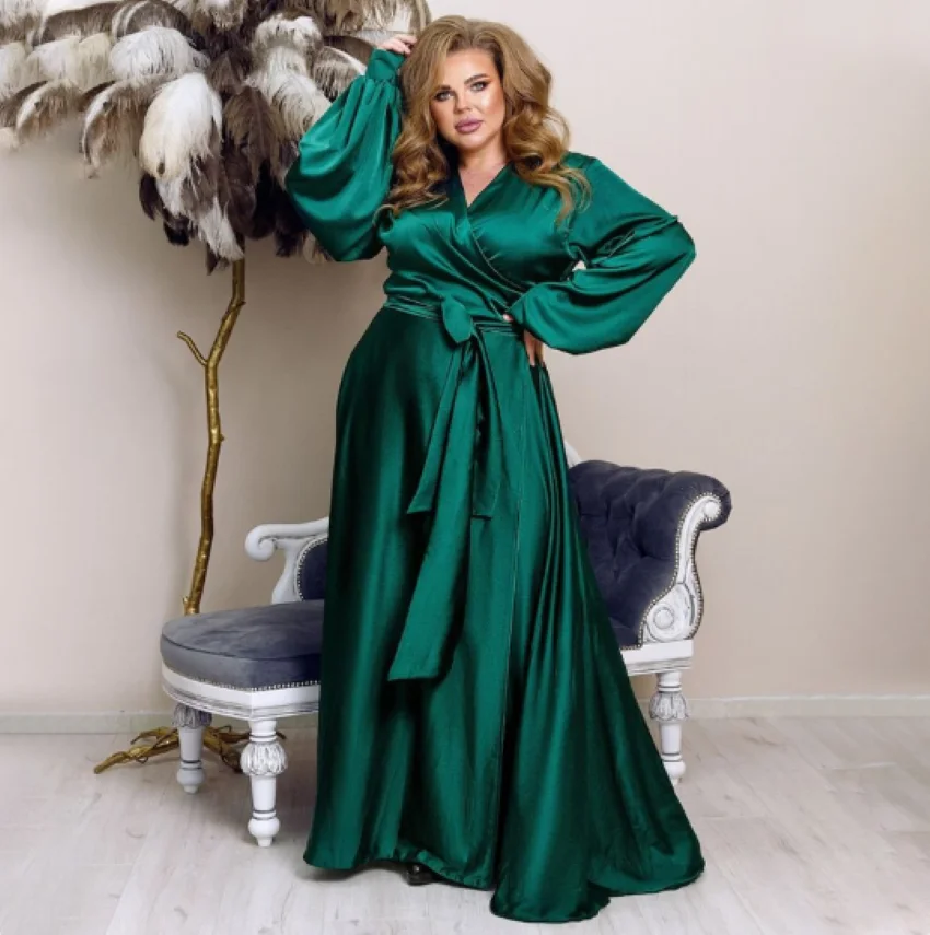 Emerald Green V-Neck Floor Length Maid Of Honor Gown Elegant Long Sleeve Maxi Dresses Bridesmaid Dress Plus Size Women