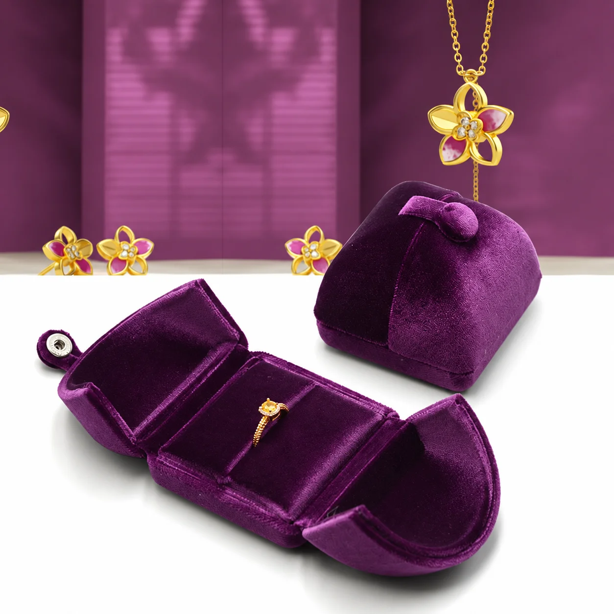 Elegant Purple Velvet Double-opening Jewelry Box Premium Jewelry Packaging Storage for Ring Necklace Bracelet Pearl