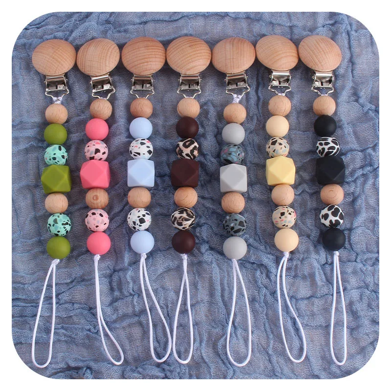 Baby Wooden Pacifier Clip Rattles Set Animal Elephant Whale Teether Silicone Anise Beads Baby Nipple Anti-Dorp Chain Care Toy